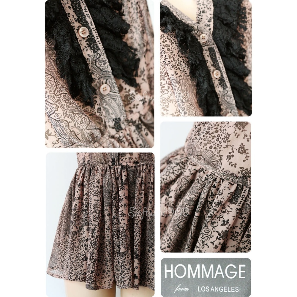 Taupe Black Lace Ruffle Button Boho Chiffon Romper - Picture 4 of 7